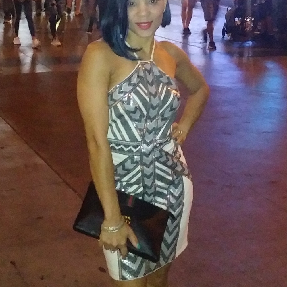 White Silver & Black Sequence Strapless Dress - Size Small